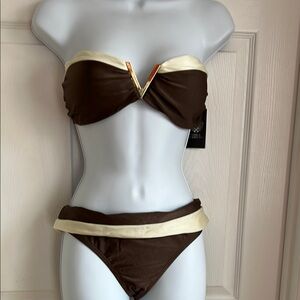 Vince Camuto Elegant Brown and Cream Bandeau Bikini